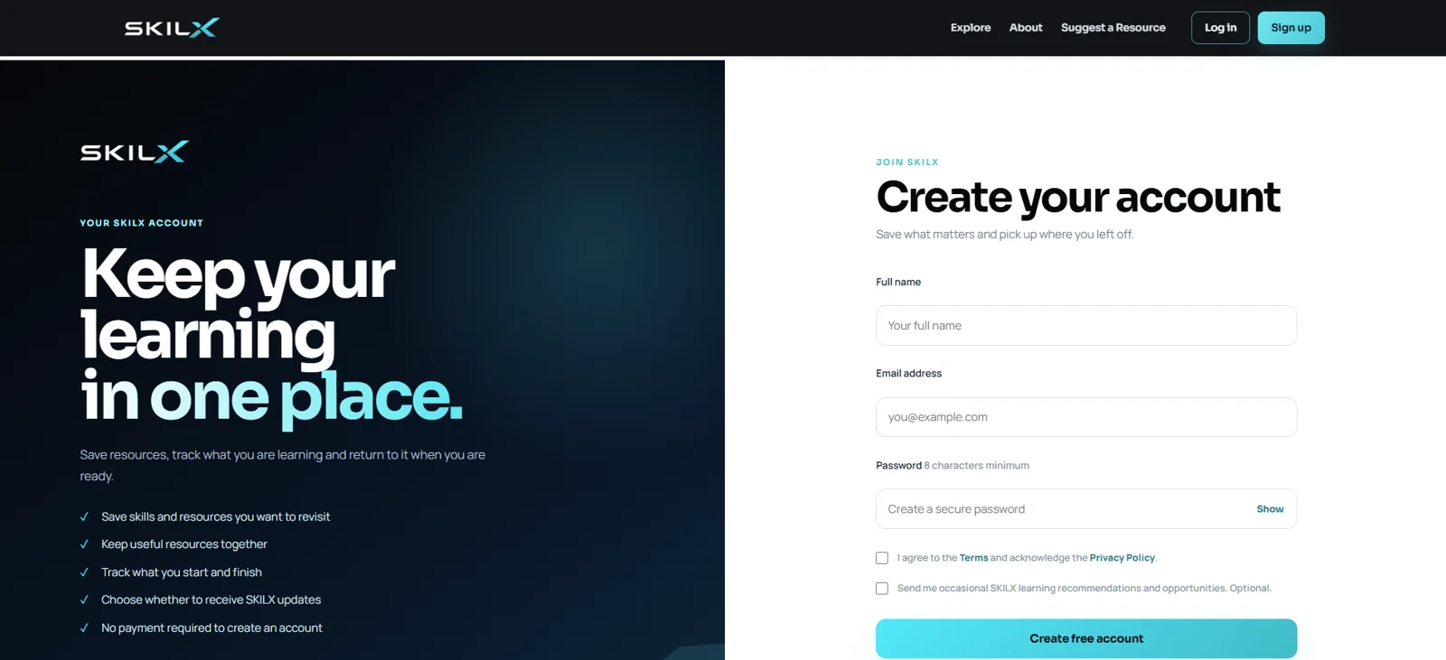 Skilx learner account registration