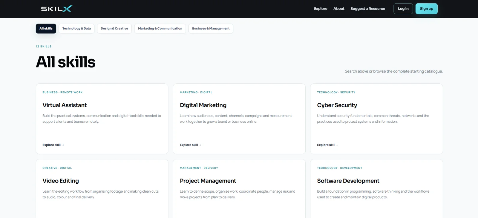 Skilx skill directory with multiple learning areas