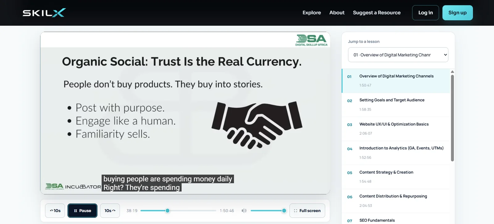 Video learning interface and lesson list