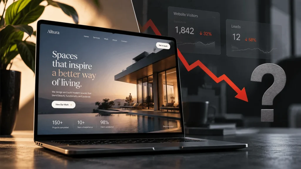 Illustrative website on a laptop beside a declining visitors and leads chart