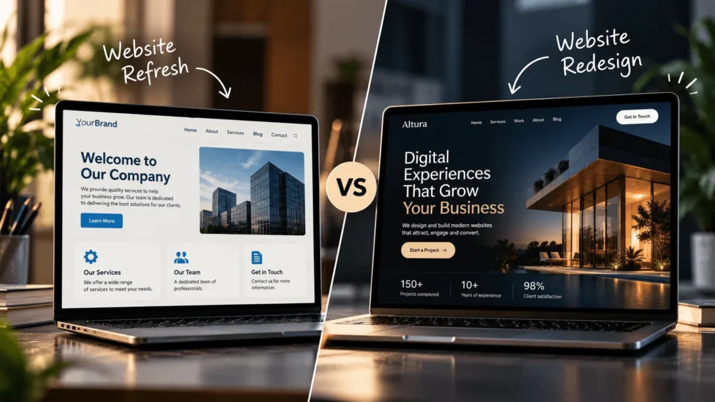 Illustration comparing a website refresh with a full website redesign